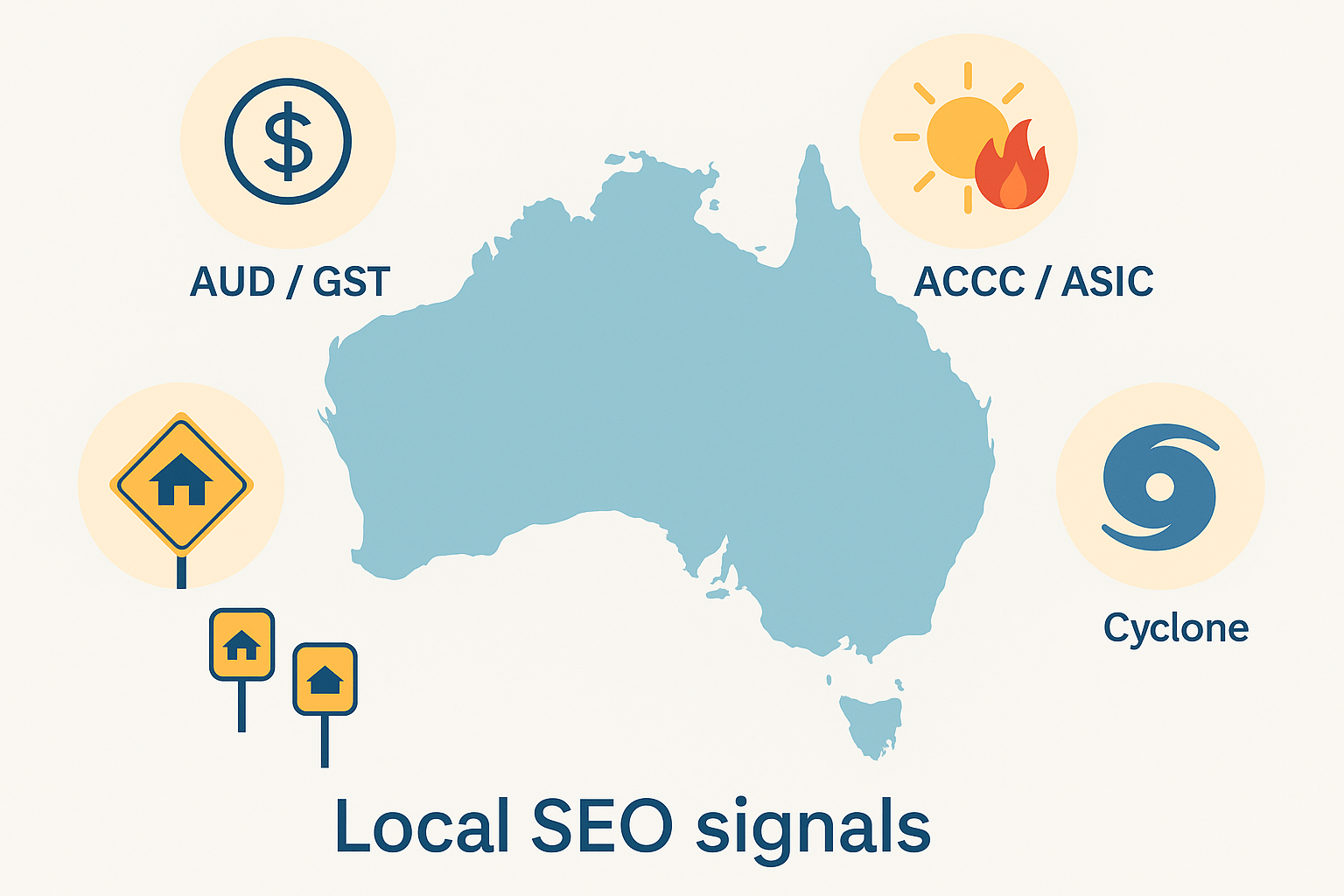 Australian local SEO signals including AUD pricing, GST, ACCC regulations, and seasonal factors