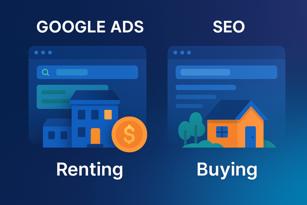 Illustration comparing Google Ads as renting traffic and SEO as owning digital real estate, showing paid visibility versus long-term organic asset growth.