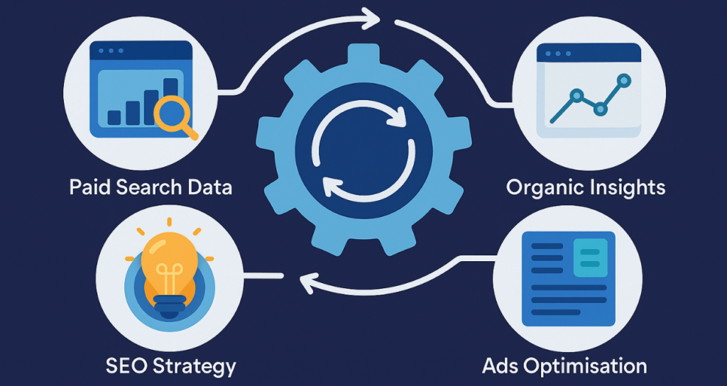 Visual framework illustrating how Google Ads acts as a testing engine and SEO as a compounding layer, connected through a continuous data feedback loop.