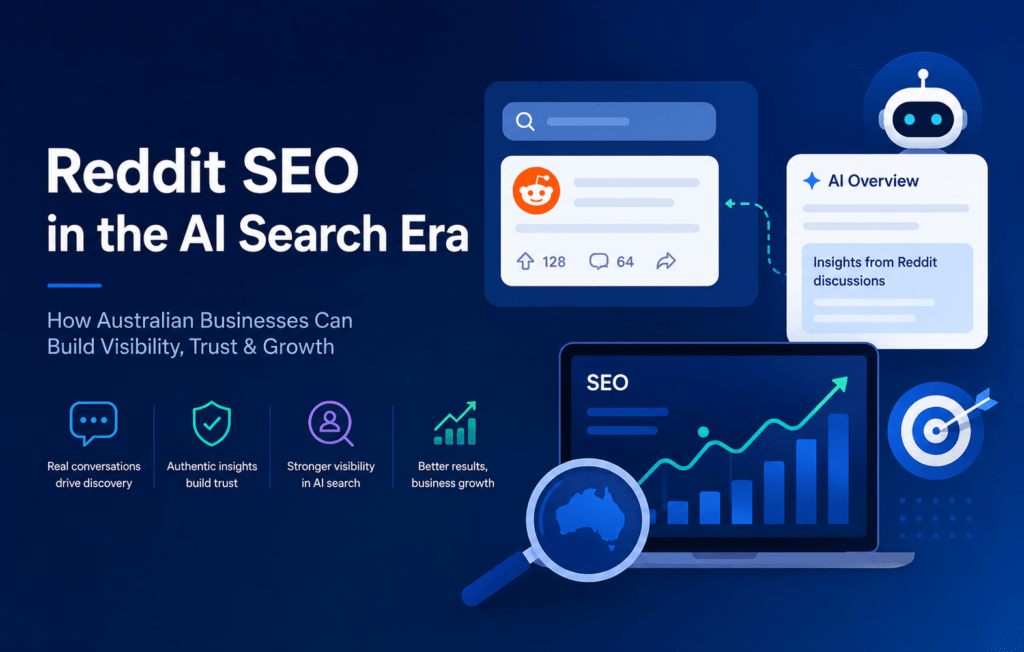 Illustration of Reddit SEO and AI search visibility showing Reddit discussions influencing AI Overviews, SEO performance, and online brand discovery in Australia.