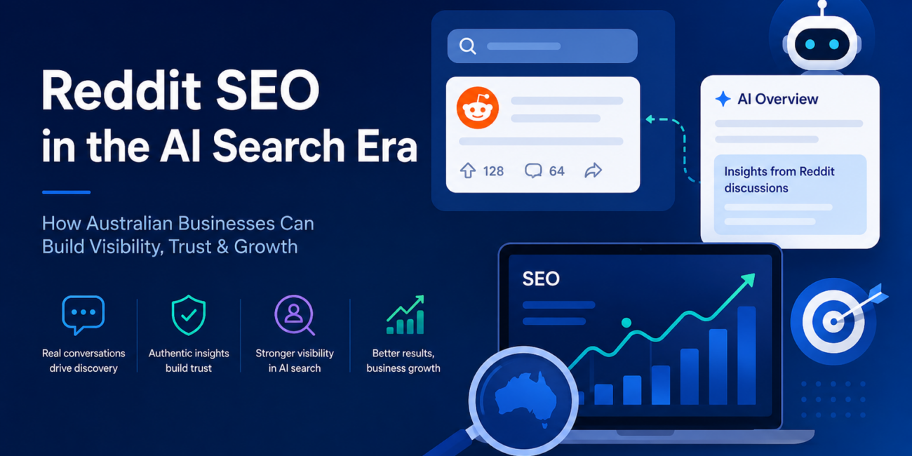 Illustration of Reddit SEO and AI search visibility showing Reddit discussions influencing AI Overviews, SEO performance, and online brand discovery in Australia.