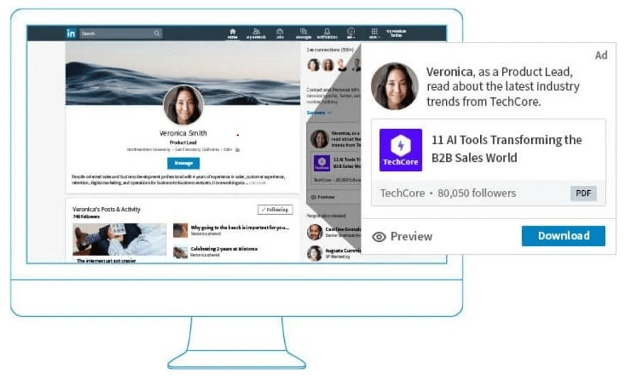 A digital screenshot displays a LinkedIn profile page of a user named Veronica Smith, shown on a computer monitor. On the right-hand side, a LinkedIn Dynamic Ad is personalized with her profile picture and name, promoting a TechCore resource titled "11 AI Tools Transforming the B2B Sales World," with options to preview or download the PDF.
