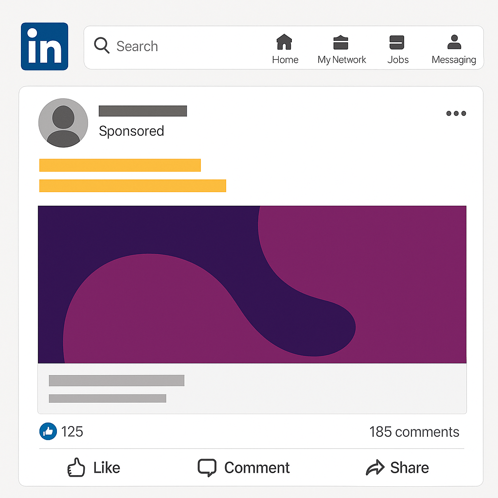 LinkedIn 动态截图，展示了一条赞助广告，包含公司标志、标题、横幅图片，以及点赞、评论和分享等互动选项。
