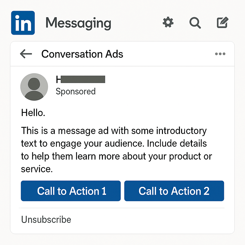 LinkedIn 消息广告（会话广告）示例，展示了一条带有赞助标识的消息，包含头像、问候语、介绍性文本，以及两个标注为‘Call to Action 1’和‘Call to Action 2’的按钮，界面位于 LinkedIn 消息窗口中。