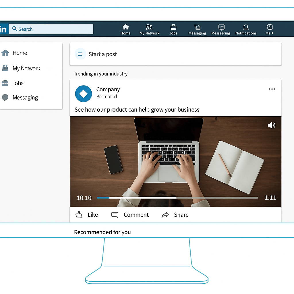 一张 LinkedIn 桌面端动态消息截图，展示了一则公司推广的视频广告。画面中是从上方俯视的视角，一位用户正在桌前使用笔记本电脑，旁边放着手机和笔记本。视频下方显示有点赞、评论和分享等互动按钮。