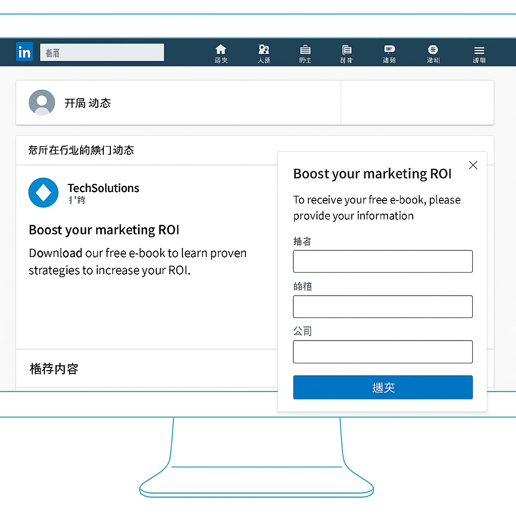 一张 LinkedIn 平台广告截图，展示了一则由 TechSolutions 推出的广告，标题为 “Boost your marketing ROI”。广告右侧弹出一个潜在客户收集表单，提示用户填写姓名、邮箱和公司信息，以获取免费的电子书。页面顶部保留了 LinkedIn 的蓝色导航栏，整体布局简洁清晰。
