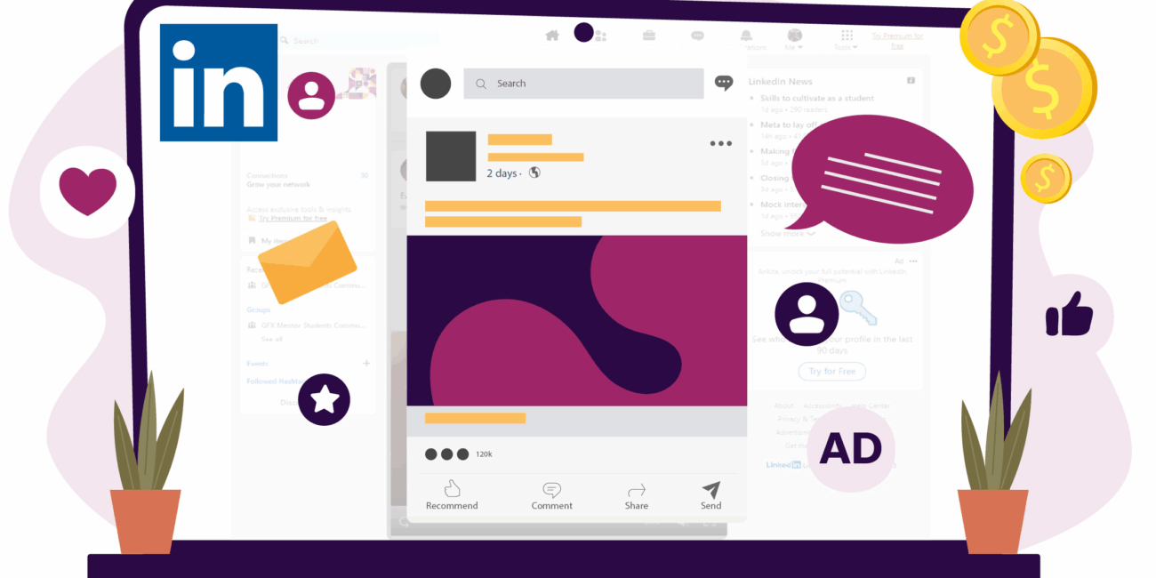Illustration of a LinkedIn advertising interface with icons for messages, ads, user engagement, and campaign tools.