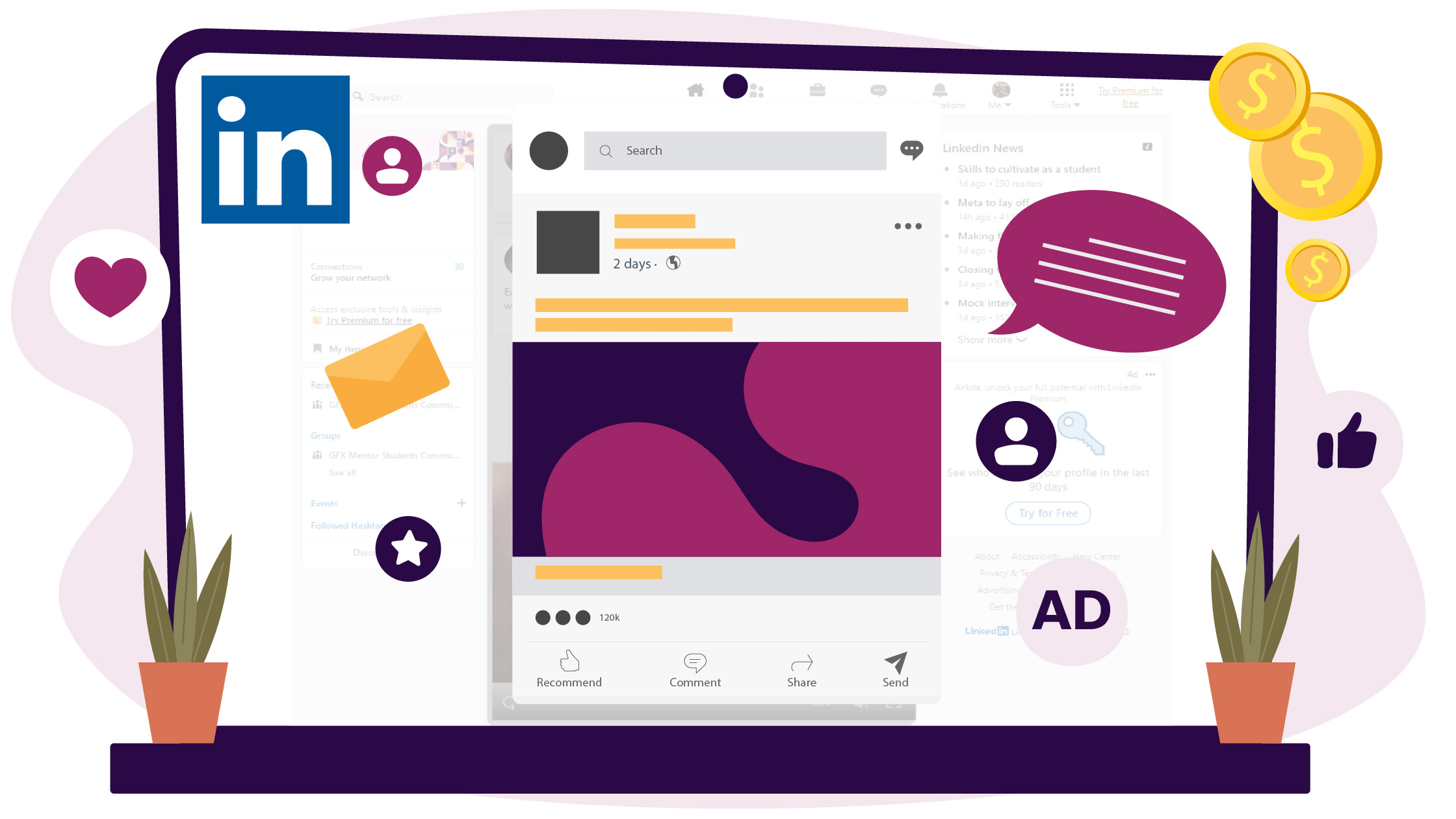 Illustration of a LinkedIn advertising interface with icons for messages, ads, user engagement, and campaign tools.