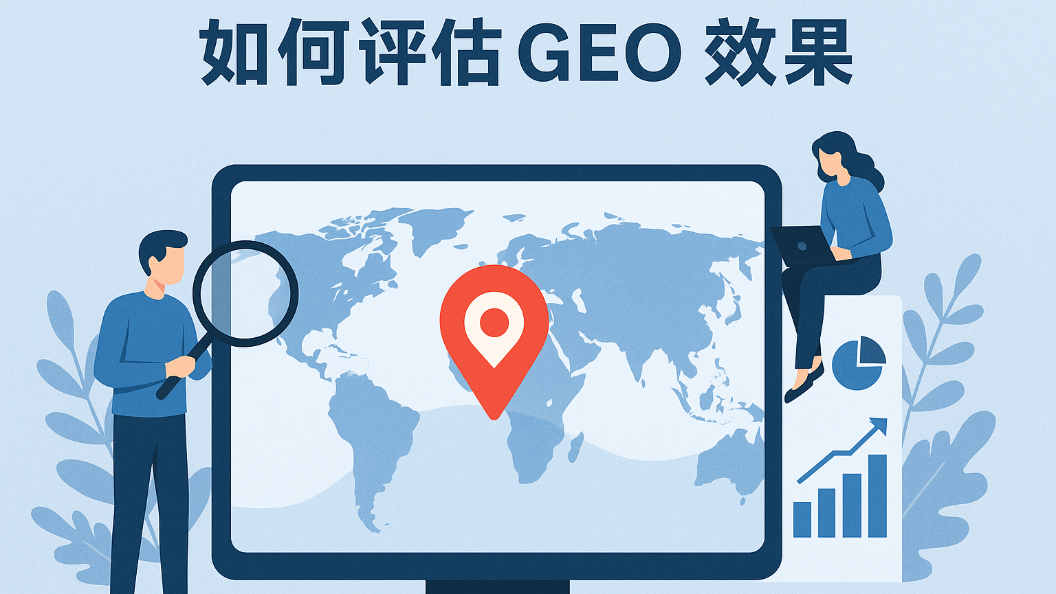 蓝紫色调数字营销横幅，标题为‘如何评估GEO效果’，画面包含世界地图、放大镜、定位图标及数据图表，象征全球 GEO 定向与效果分析