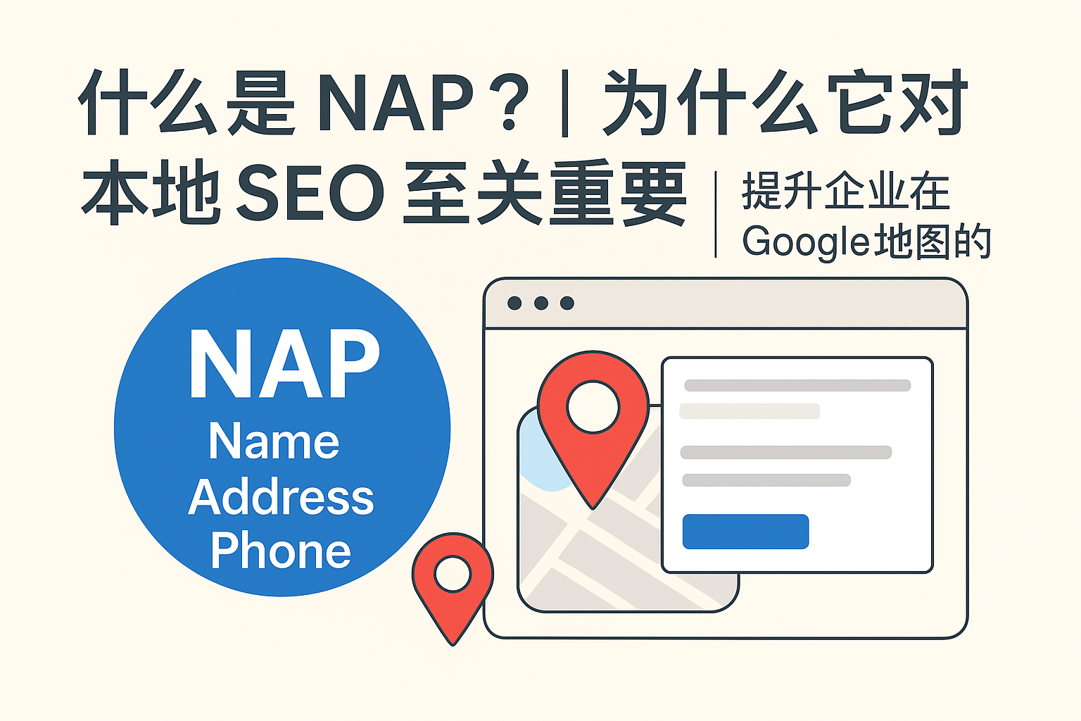 横幅图展示了 NAP（Name、Address、Phone）的概念，画面包含中文标题“什么是 NAP？为什么它对本地 SEO 至关重要”，左侧是一个蓝色圆形写有 NAP 三个英文单词，右侧是带有地图标志和网页窗口的插画，象征本地 SEO 与 Google 地图优化。