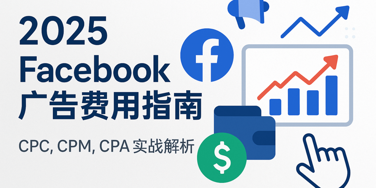 2025 Facebook 广告费用指南横幅图，画面包含 Facebook 标志、广告投放图表、上涨趋势折线与美元图标，展示 CPC、CPM、CPA 等核心广告成本指标，整体风格专业简洁，突出 2025 年 Facebook 广告投放成本分析主题。