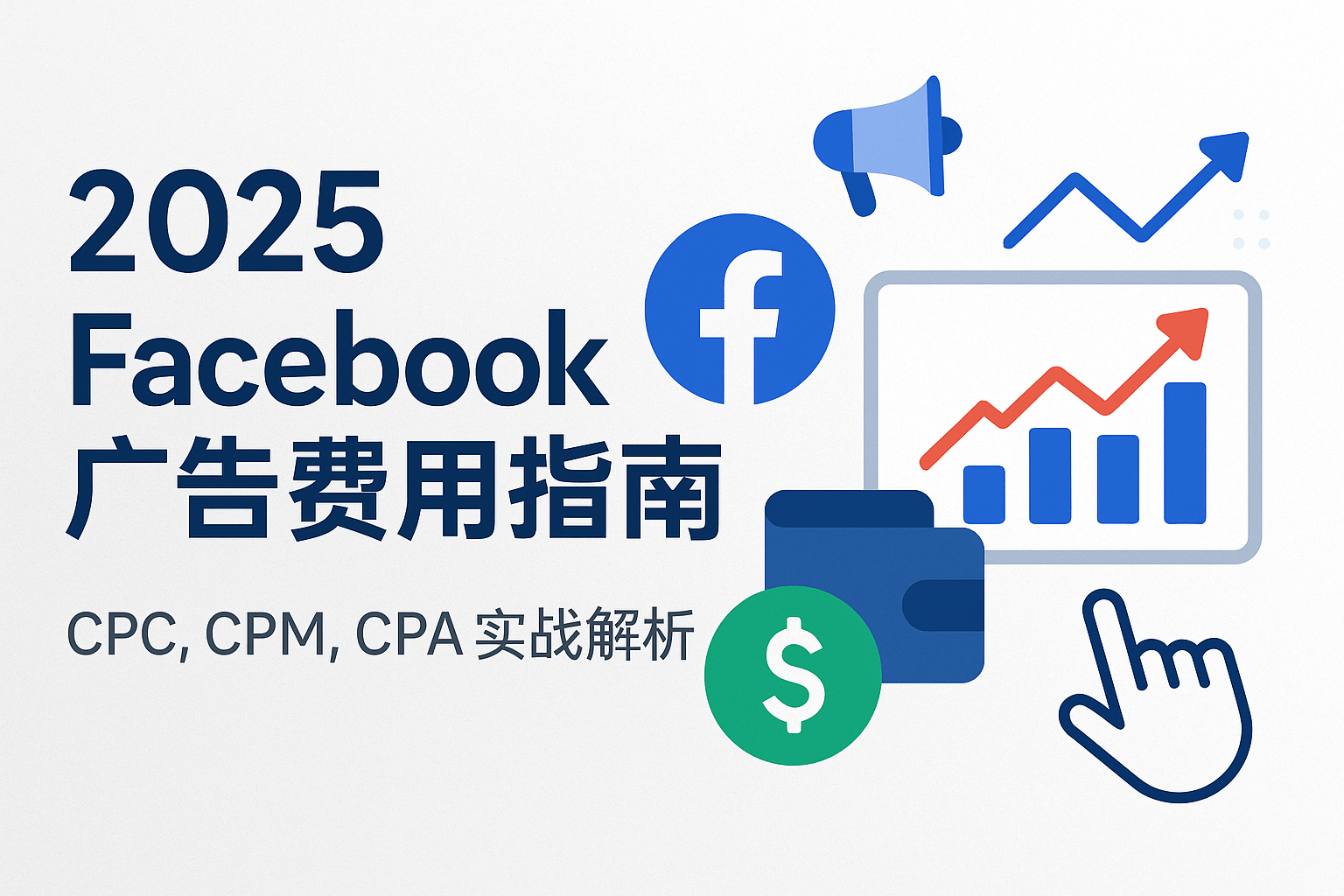 2025 Facebook 广告费用指南横幅图，画面包含 Facebook 标志、广告投放图表、上涨趋势折线与美元图标，展示 CPC、CPM、CPA 等核心广告成本指标，整体风格专业简洁，突出 2025 年 Facebook 广告投放成本分析主题。