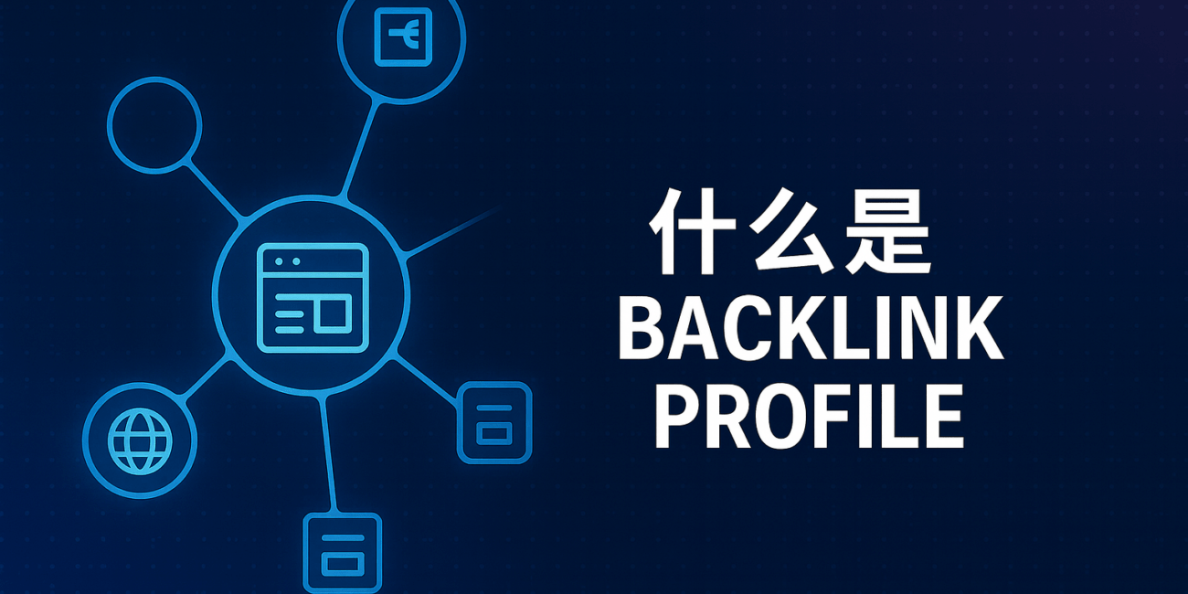 深蓝色科技风 Banner 图，中央为网站图标，周围连接多个外链节点，展示网站 Backlink Profile（反向链接结构）的网络关系，用于解释什么是 Backlink Profile。