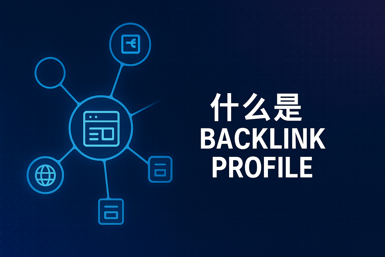 深蓝色科技风 Banner 图，中央为网站图标，周围连接多个外链节点，展示网站 Backlink Profile（反向链接结构）的网络关系，用于解释什么是 Backlink Profile。