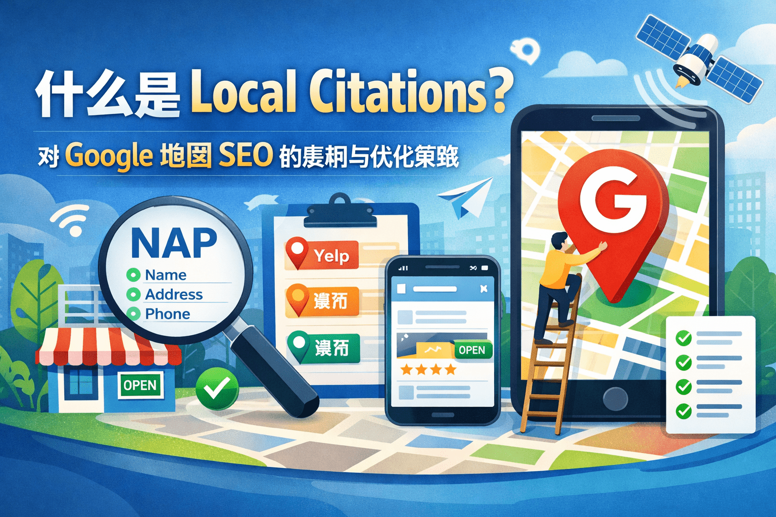 什么是 Local Citations 以及它如何影响 Google 地图 SEO 的示意图，展示企业 NAP（名称、地址、电话）、Yelp 等本地目录、Google 地图定位图标和商家在地图上的可见度提升
