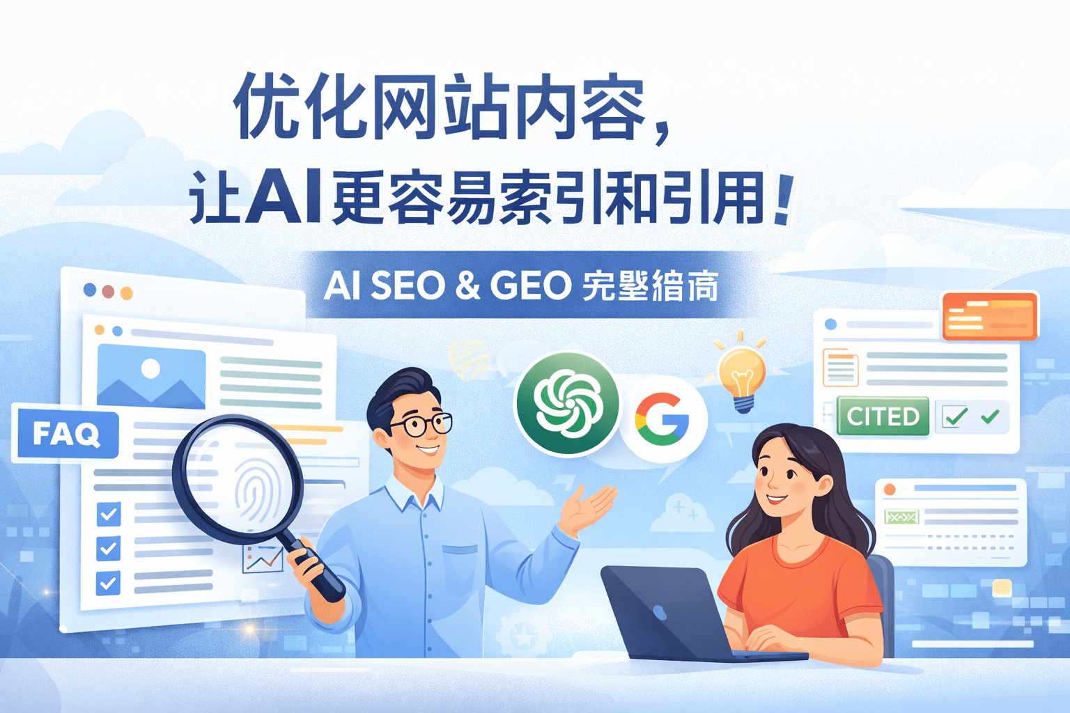优化网站内容以提升AI索引与引用的概念横幅，展示结构化内容、FAQ模块、搜索引擎与AI SEO（GEO）优化元素的专业插画设计