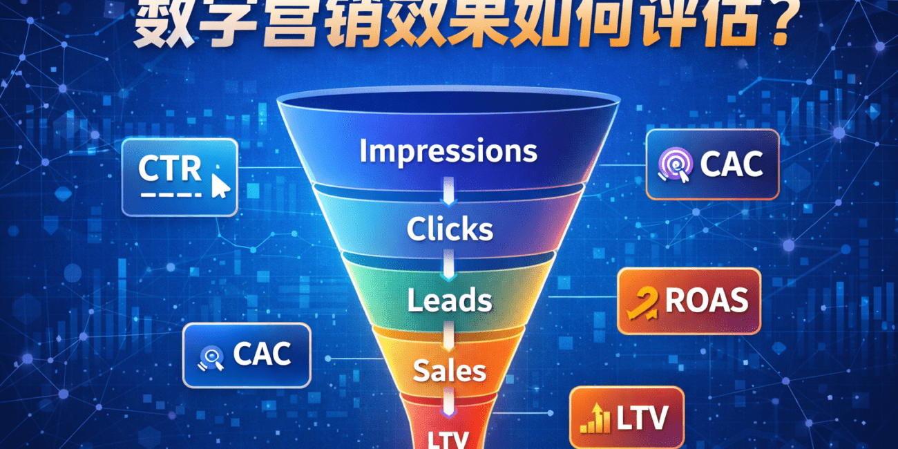 数字营销效果评估漏斗图，展示从曝光（Impressions）到点击、线索、销售再到LTV的完整营销转化路径，以及CTR、CAC、ROAS等关键KPI指标。