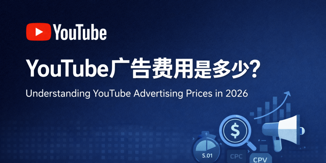 YouTube广告费用解析 banner，展示2026年YouTube Ads广告价格，包括CPM、CPC和CPV成本指标