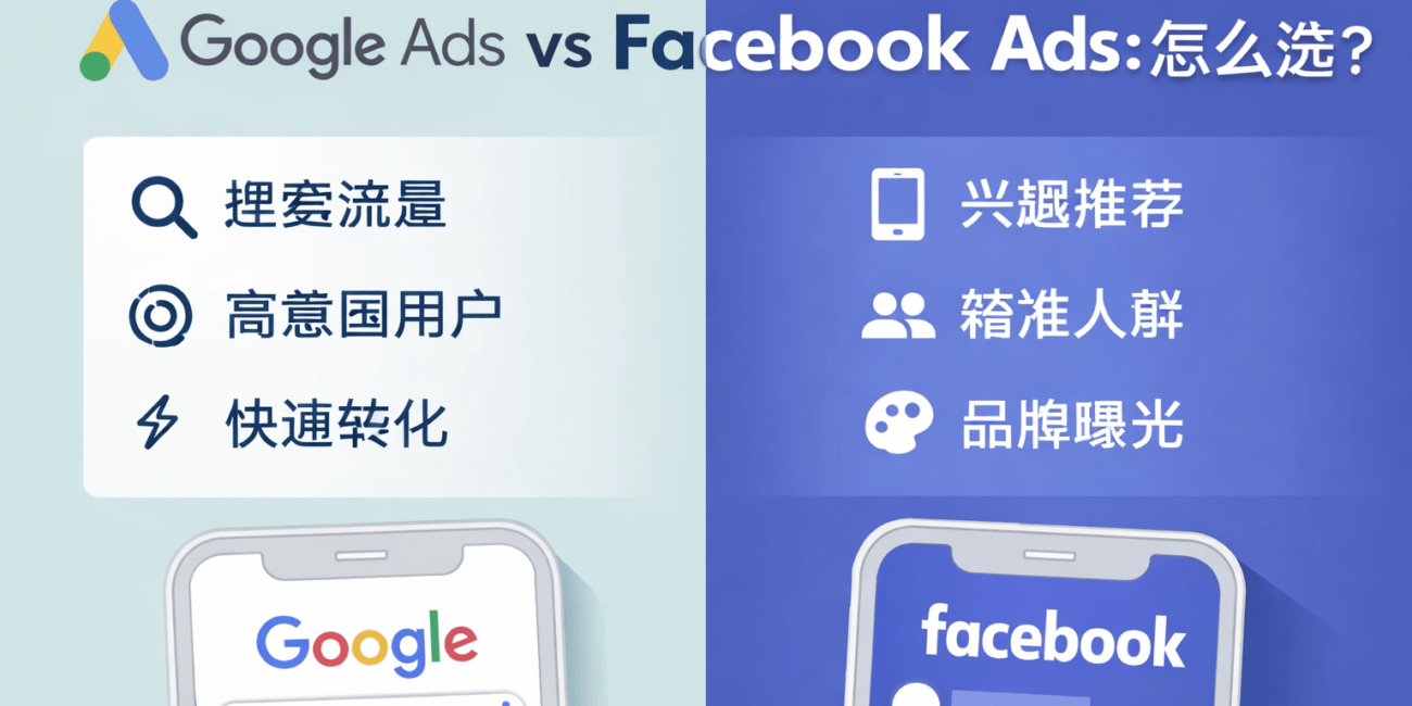 Google广告与Facebook广告对比banner图，展示搜索广告与社交媒体广告的区别，包括搜索流量、高意图用户与品牌曝光等核心特点