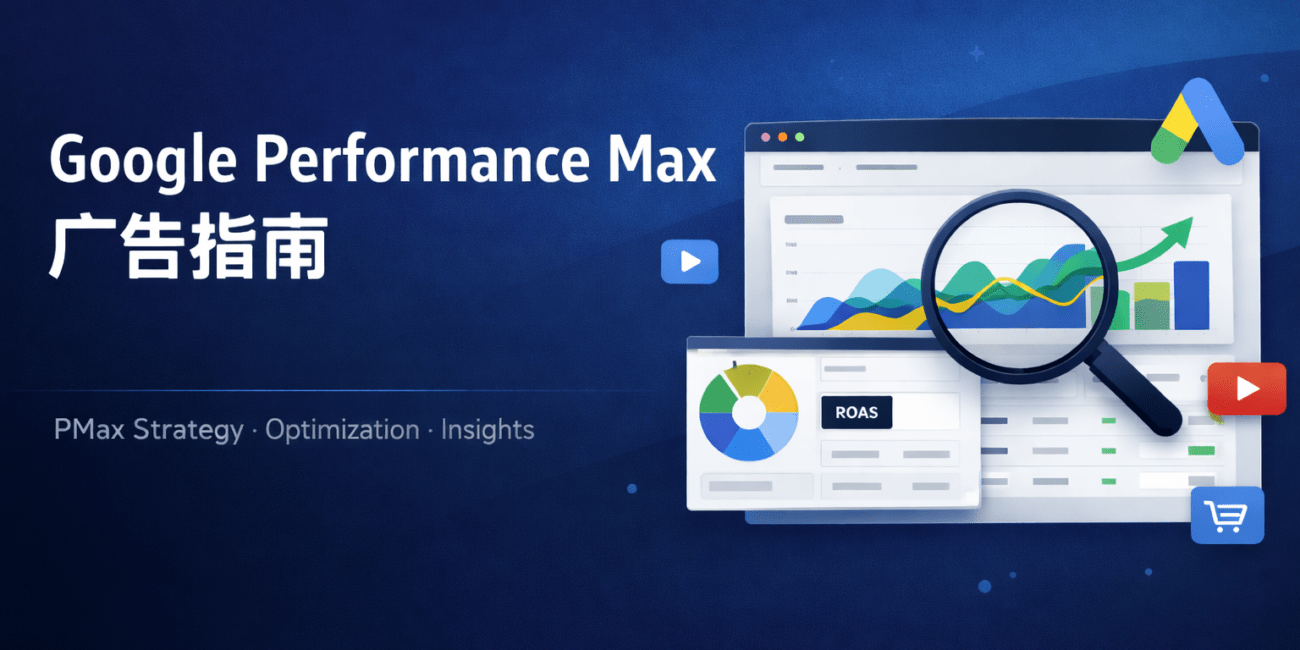 Google Performance Max广告指南横幅图，展示数据分析仪表盘、增长趋势图与广告优化策略的视觉设计