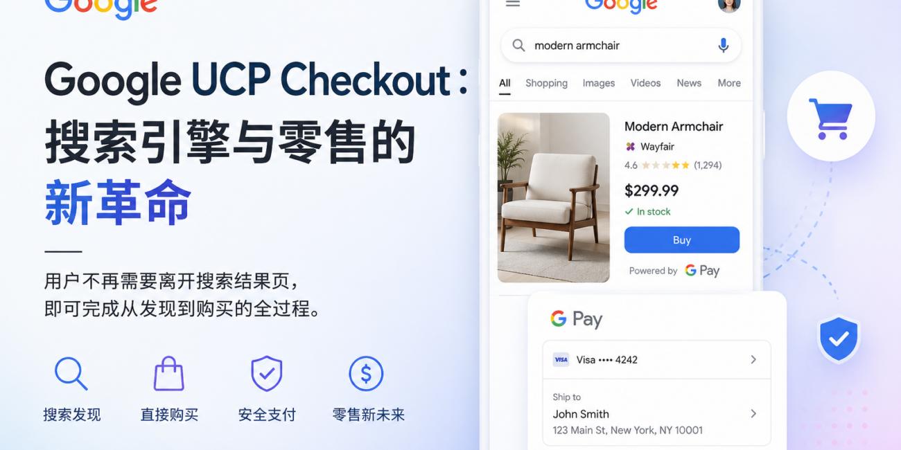 Google UCP Checkout 搜索内直接购买界面，展示 Google Pay 集成与零点击电商模式，体现 AI 驱动的新一代零售搜索体验。
