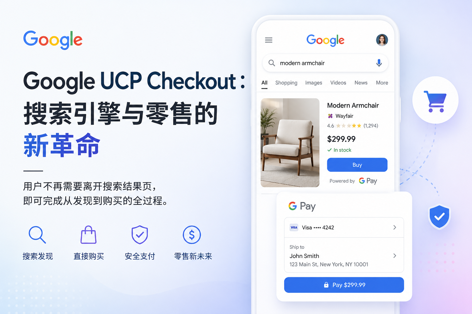 Google UCP Checkout 搜索内直接购买界面，展示 Google Pay 集成与零点击电商模式，体现 AI 驱动的新一代零售搜索体验。