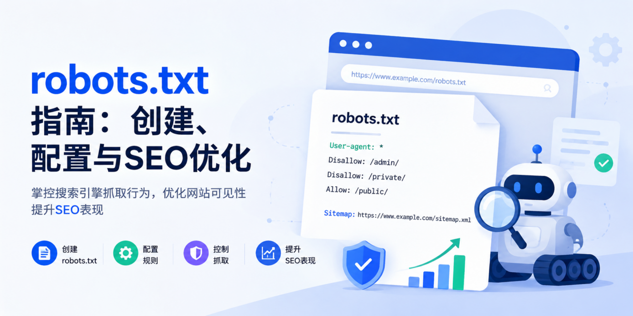 现代科技风格的 robots.txt SEO 指南横幅设计，展示 robots.txt 文件配置界面、搜索引擎爬虫机器人、放大镜与增长图表元素，突出网站抓取控制、SEO 优化与搜索可见性提升主题