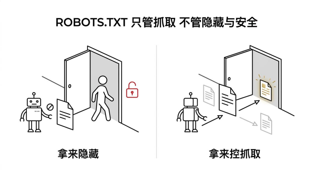 “说明 robots.txt 文件作用的极简插画,对比展示 robots.txt 不能隐藏或保护内容安全,只能控制搜索引擎爬虫抓取行为。左侧为禁止机器人进入但人仍可访问的场景,右侧为允许机器人抓取网页文件的场景。