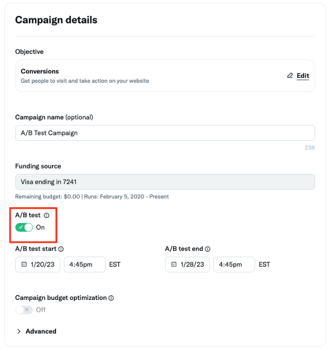 twitter ads A/B test