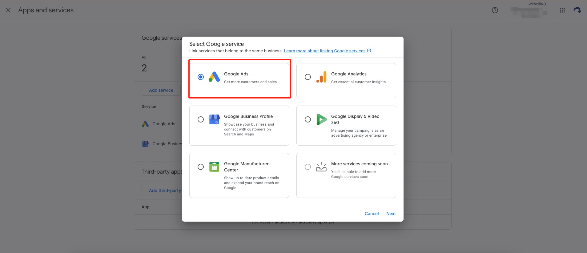 example on how to link GA to google ads