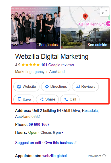 Google my business Engagement and Interactions buttons helps with MAP seo