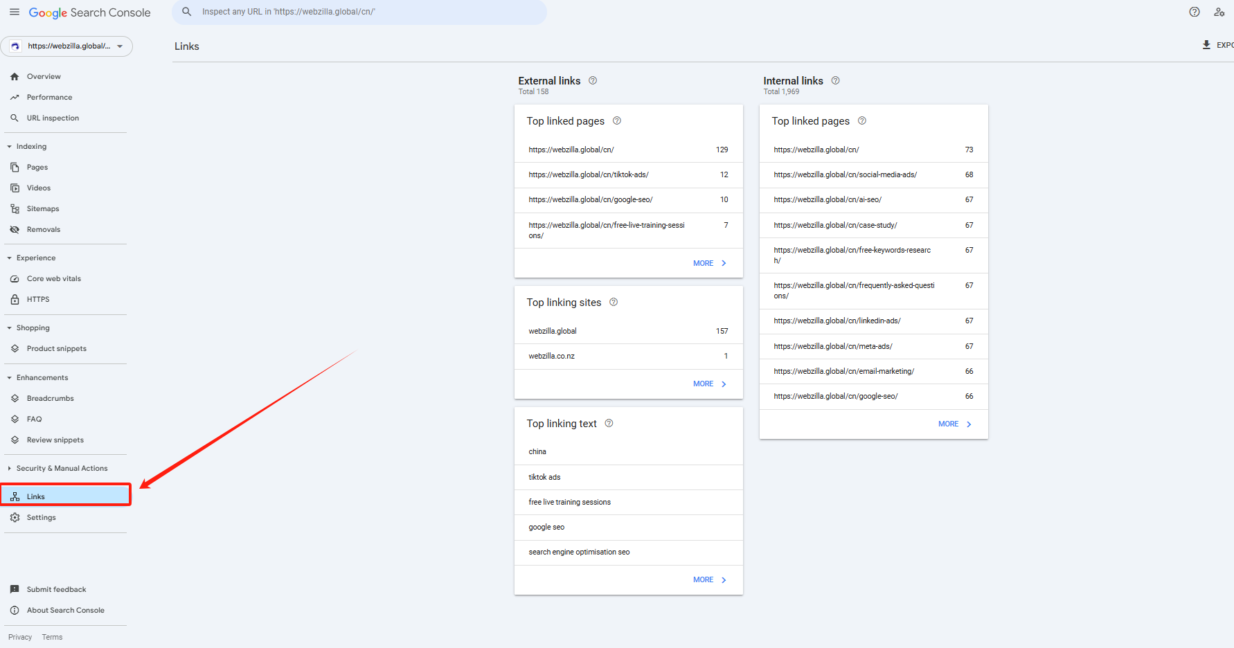 google search console link report