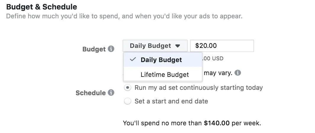 screenshot of facebook budget setting