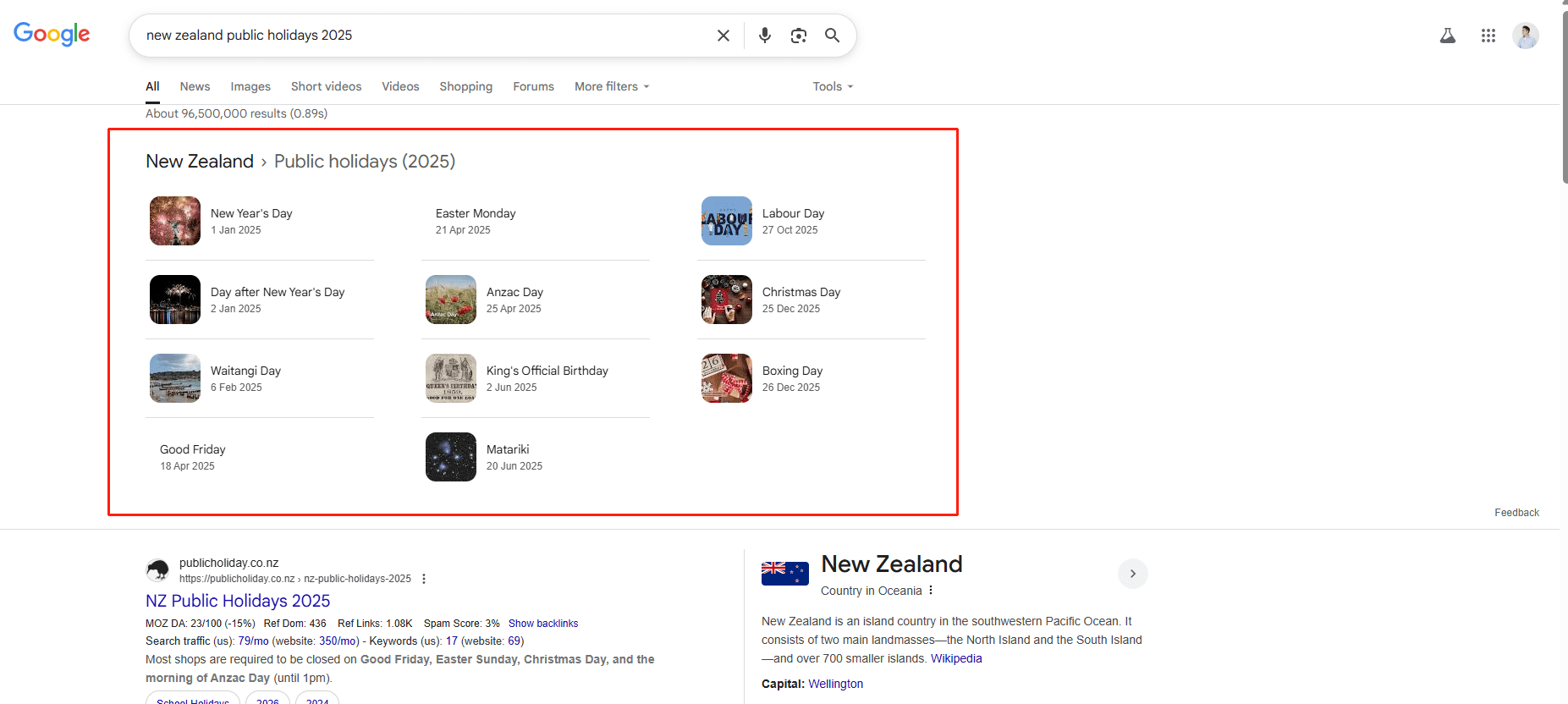 Example of Zero click search result
