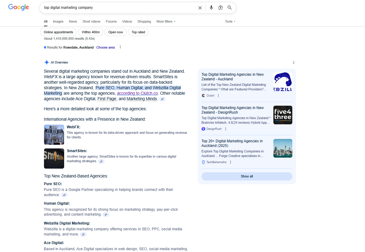 Top digital marketing company query from google search AI overview