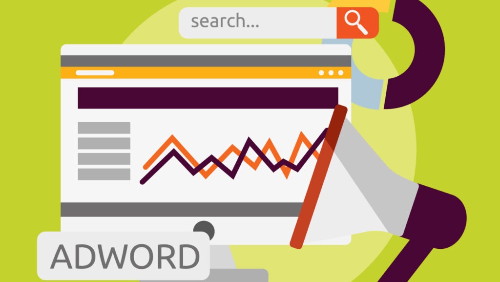 Illustration of an AdWords campaign showing a computer screen with search analytics, graphs, and a megaphone representing digital marketing and paid search advertising.