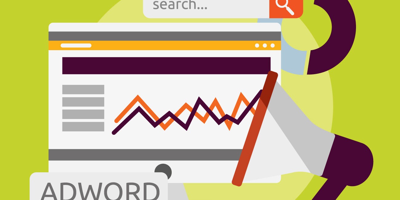 Illustration of an AdWords campaign showing a computer screen with search analytics, graphs, and a megaphone representing digital marketing and paid search advertising.