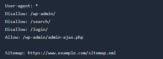Example of a robots.txt file for WordPress: disallowing /wp-admin/, /search/, and /login/ while allowing /wp-admin/admin-ajax.php, with sitemap at https://www.example.com/sitemap.xml .