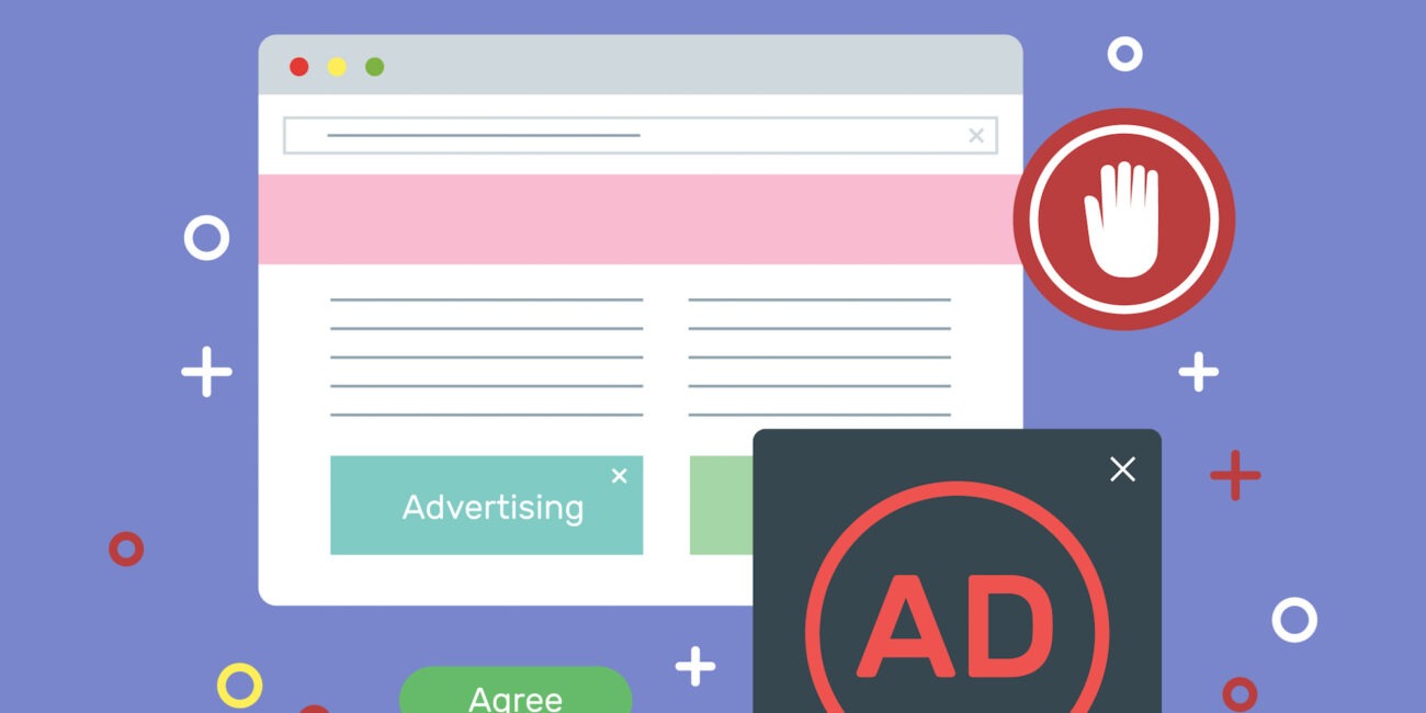 Illustration of an ad block concept showing a webpage with advertising elements being blocked, including a red 'AD' icon, a stop hand symbol, and agree/decline buttons.
