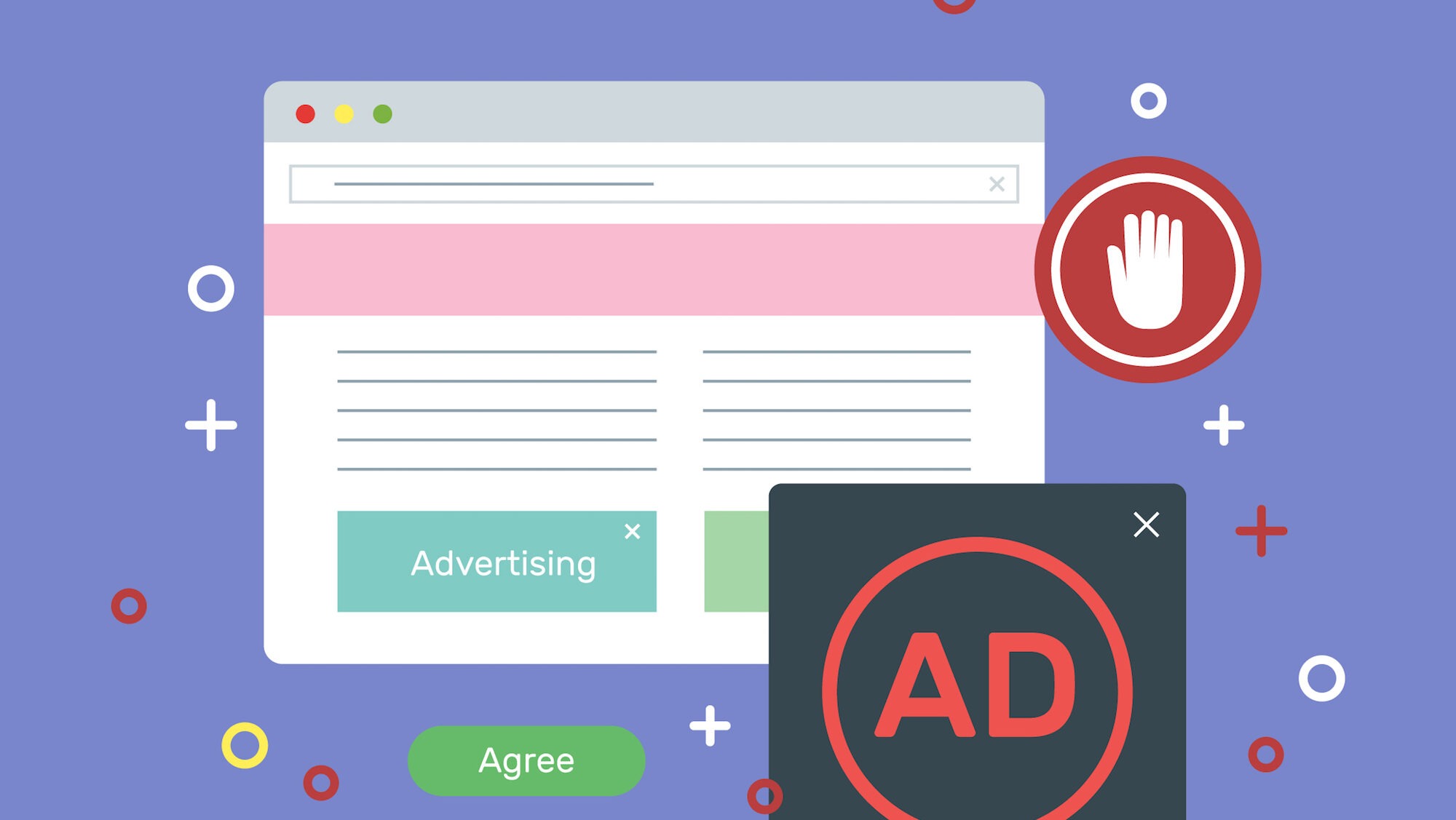 Illustration of an ad block concept showing a webpage with advertising elements being blocked, including a red 'AD' icon, a stop hand symbol, and agree/decline buttons.