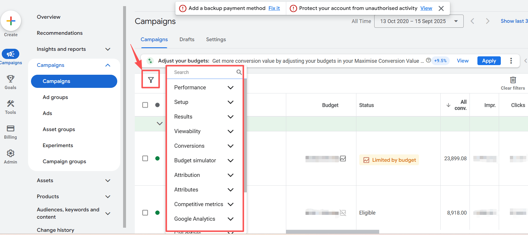 Google Ads campaign dashboard showing the filter menu expanded. The filter options include Performance, Setup, Results, Viewability, Conversions, Budget simulator, Attribution, Attributes, Competitive metrics, and Google Analytics. The left menu highlights 'Campaigns', while the main panel lists campaigns with statuses such as 'Limited by budget' and 'Eligible' alongside performance metrics like conversions, impressions, and clicks.