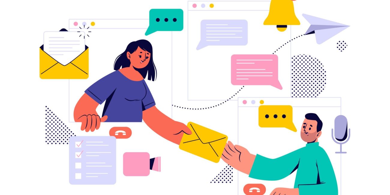 Illustration of two people communicating online, exchanging a yellow envelope through computer windows. The background includes icons of email, chat bubbles, notifications, a paper plane, a checklist, and a microphone, representing digital communication and collaboration.