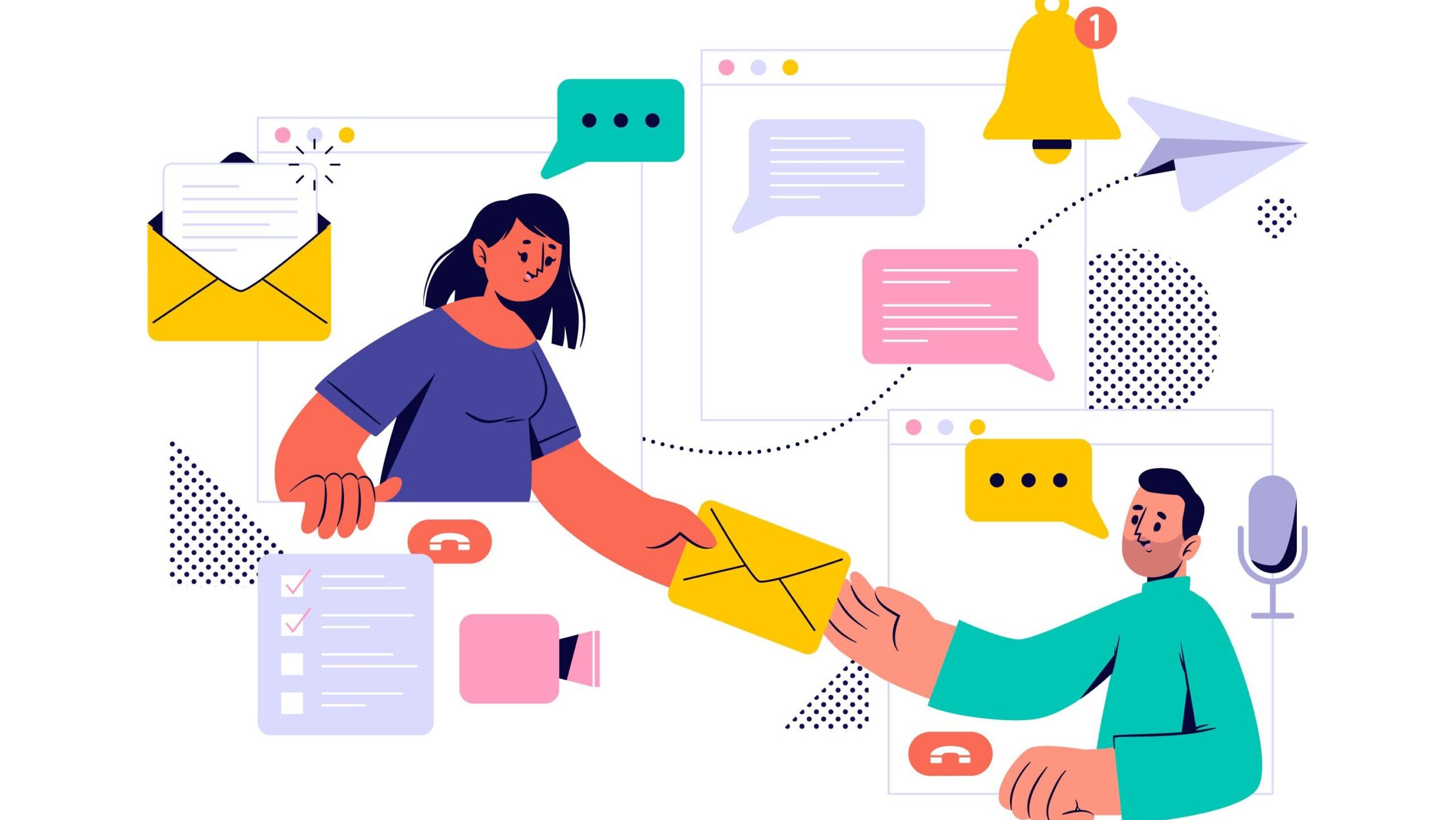 Illustration of two people communicating online, exchanging a yellow envelope through computer windows. The background includes icons of email, chat bubbles, notifications, a paper plane, a checklist, and a microphone, representing digital communication and collaboration.