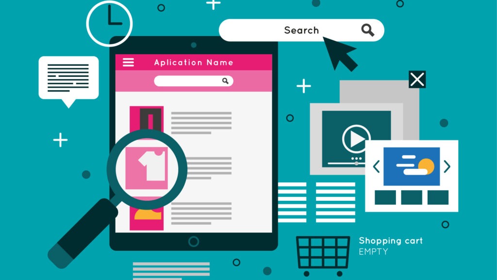 Flat design illustration of user experience concept. The image shows a tablet with an app interface and a magnifying glass highlighting a product. Surrounding elements include a search bar with cursor, shopping cart icon marked ‘empty,’ clock, chat bubble, image and video thumbnails, and sliders. The background is teal with geometric accents, and the top text reads ‘Flat User Experience.