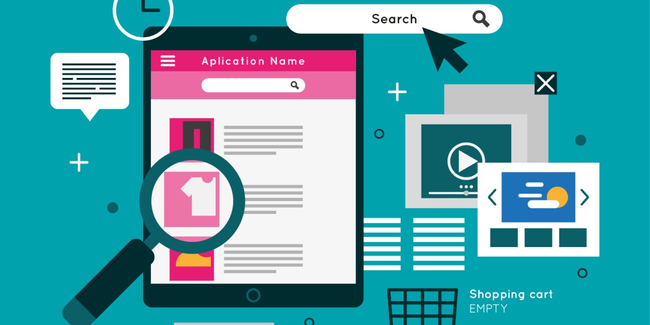 Flat design illustration of user experience concept. The image shows a tablet with an app interface and a magnifying glass highlighting a product. Surrounding elements include a search bar with cursor, shopping cart icon marked ‘empty,’ clock, chat bubble, image and video thumbnails, and sliders. The background is teal with geometric accents, and the top text reads ‘Flat User Experience.