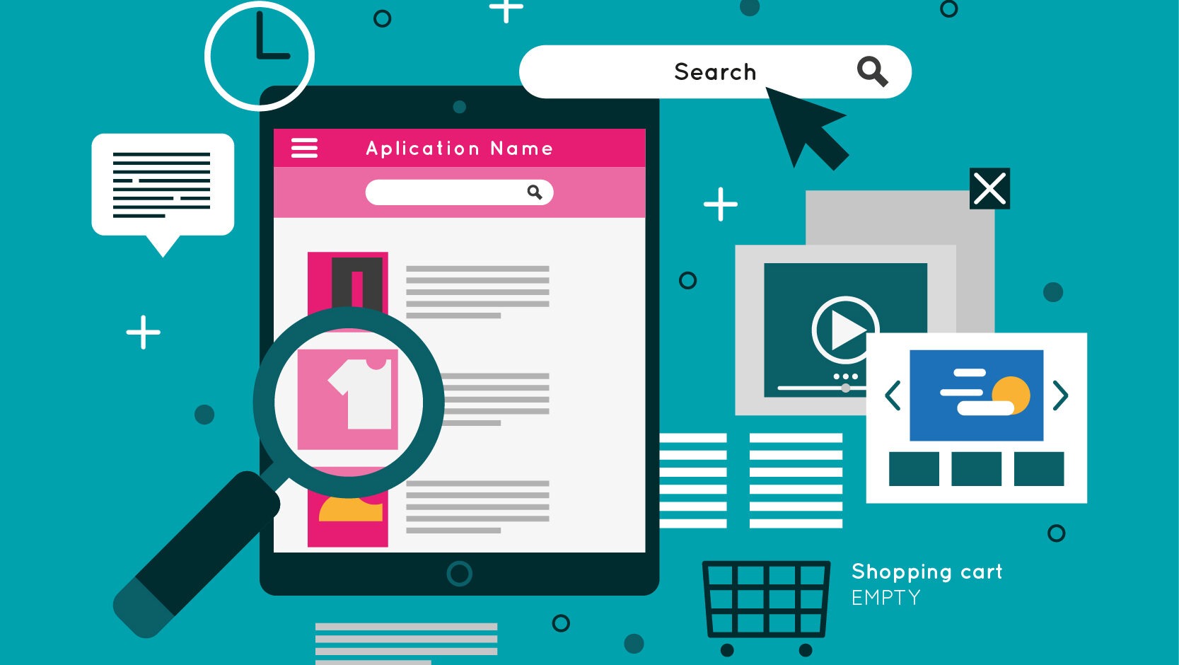 Flat design illustration of user experience concept. The image shows a tablet with an app interface and a magnifying glass highlighting a product. Surrounding elements include a search bar with cursor, shopping cart icon marked ‘empty,’ clock, chat bubble, image and video thumbnails, and sliders. The background is teal with geometric accents, and the top text reads ‘Flat User Experience.