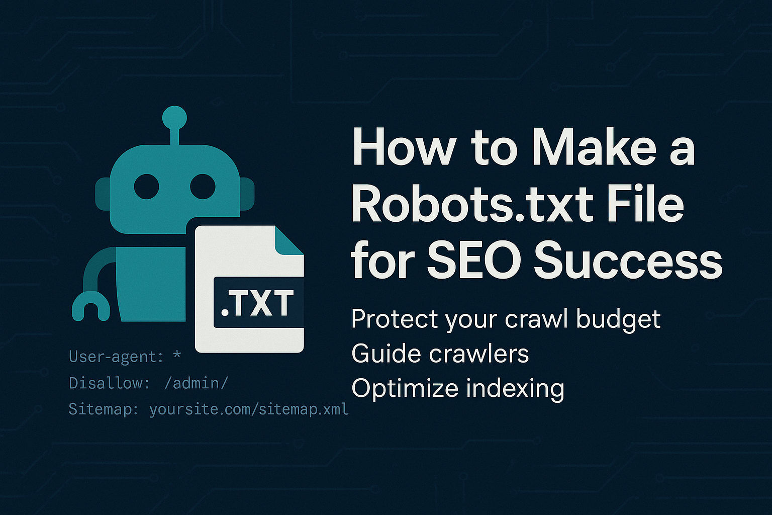 Banner image featuring a teal robot holding a .TXT file icon alongside sample robots.txt code snippets. The right side displays the blog title 'How to Make a Robots.txt File for SEO Success' with key benefits listed: Protect your crawl budget, Guide crawlers, Optimize indexing, on a dark blue tech-themed background.