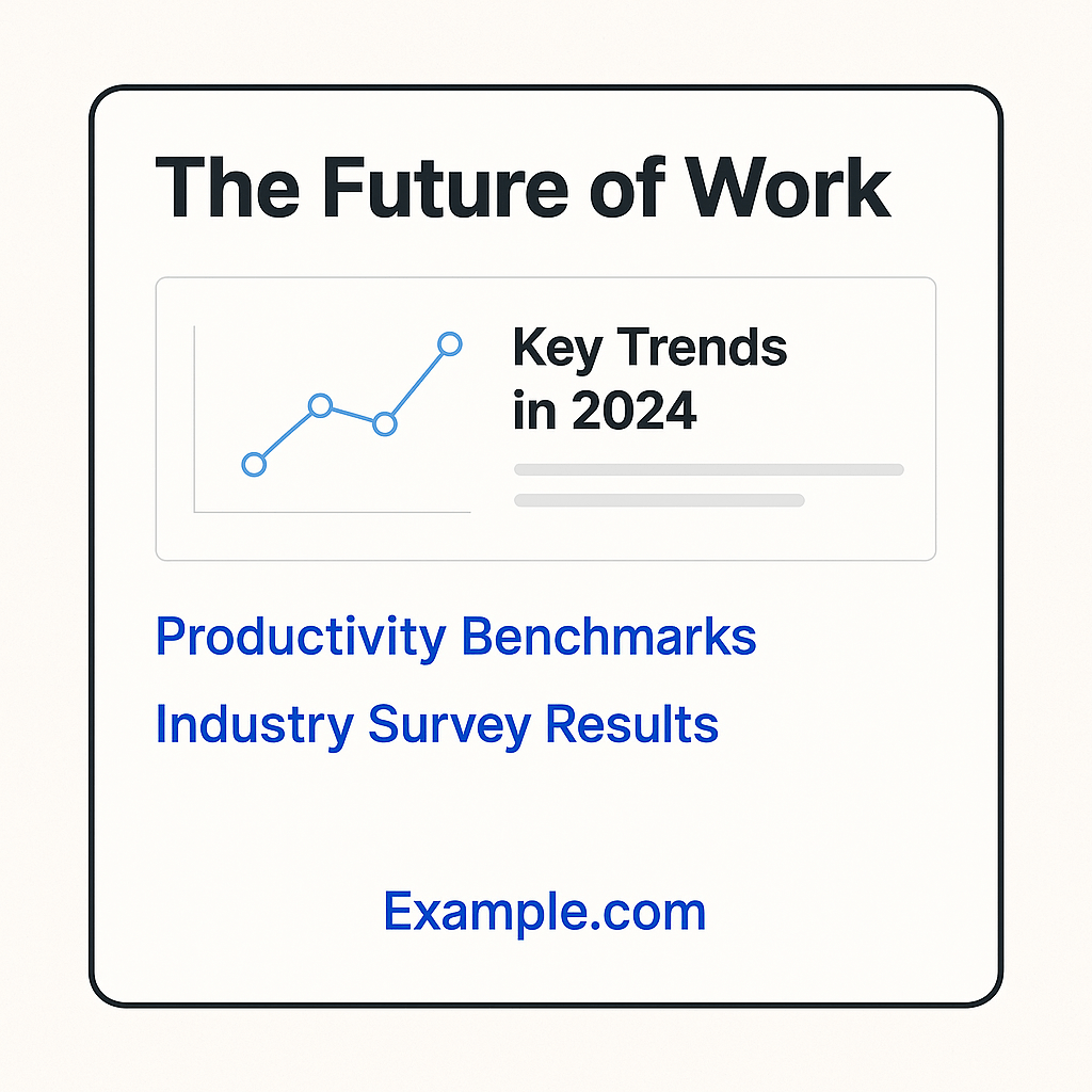 A digital illustration of a clean webpage titled “The Future of Work.” The page features a chart labeled “Key Trends in 2024” with a rising line graph, followed by linked sections titled “Productivity Benchmarks” and “Industry Survey Results.” At the bottom, the URL “Example.com” is displayed in blue, representing a central hub page hosting content assets.
