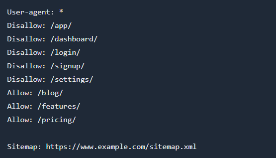 Robots.txt example blocking app, dashboard, login, signup, and settings pages, while allowing blog, features, and pricing sections. Sitemap available at https://www.example.com/sitemap.xml .