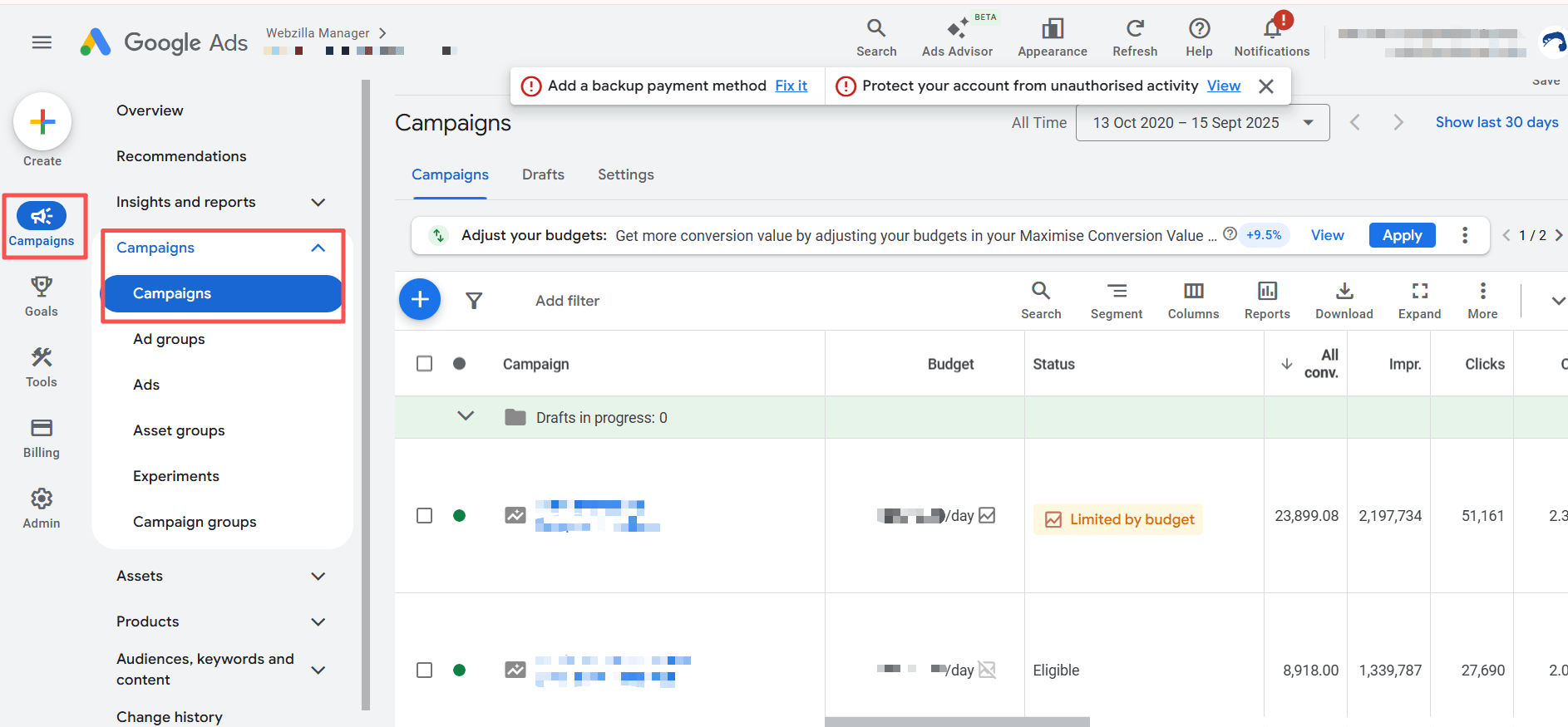 Google Ads campaign management dashboard showing two active campaigns. The left navigation menu highlights 'Campaigns'. The main panel lists campaigns with statuses such as 'Limited by budget' and 'Eligible', along with performance metrics including conversions, impressions, clicks, and cost.